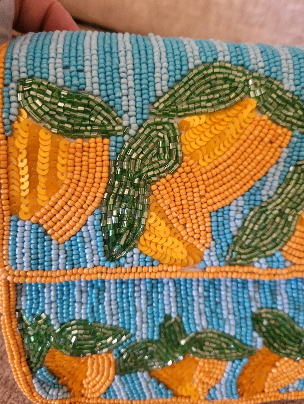 Hand-Beaded Blue & Gold Striped Lemon Motif Shoulder Bag. - Picture 12 of 16